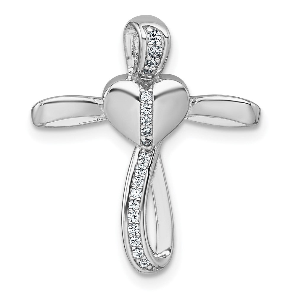 Sterling Silver Rhodium-plat Polished CZ Heart Cross Chain Slide Pendant