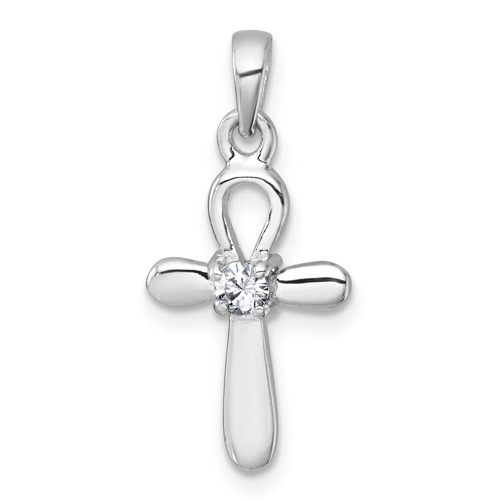 Sterling Silver Rhodium-plated Polished CZ Ankh Cross Pendant