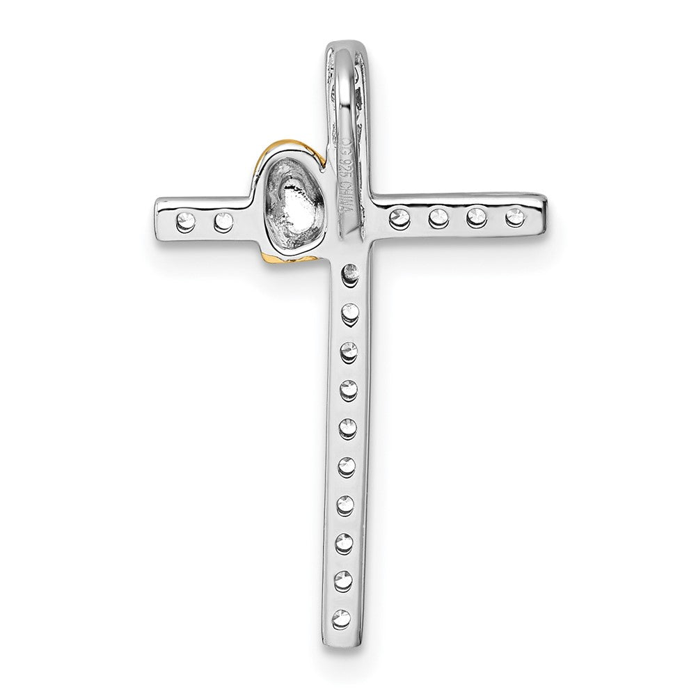 Sterling Silver Rhod/Gold-plat Polished CZ Heart Cross Chain Slide Pendant