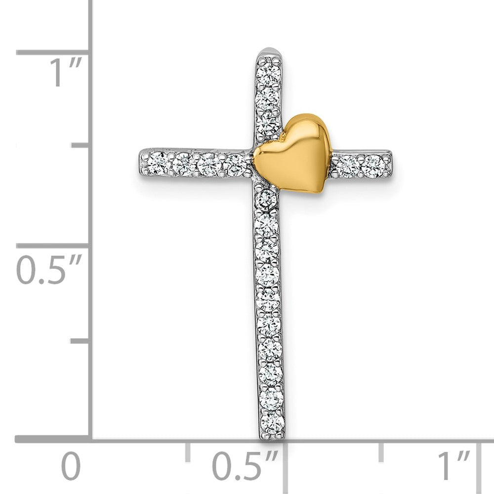 Sterling Silver Rhod/Gold-plat Polished CZ Heart Cross Chain Slide Pendant