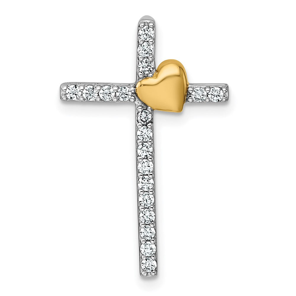 Sterling Silver Rhod/Gold-plat Polished CZ Heart Cross Chain Slide Pendant