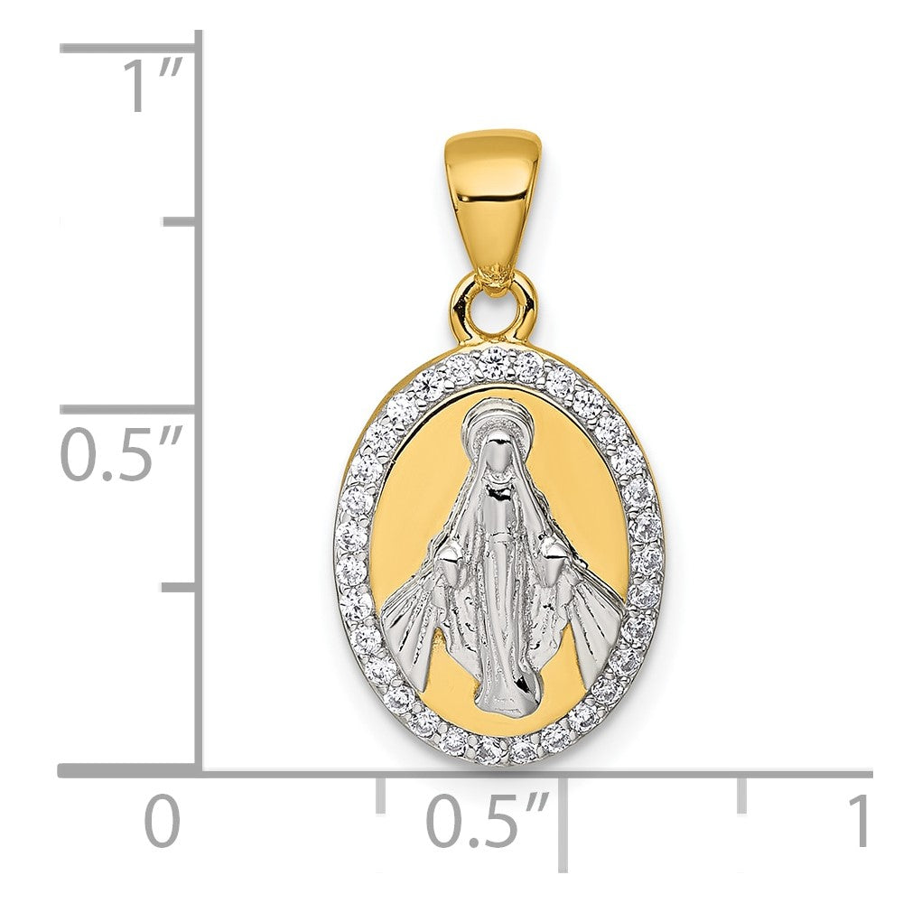 Sterling Silver Rhod-plated Gold-tone Polished CZ Miraculous Medal Pendant