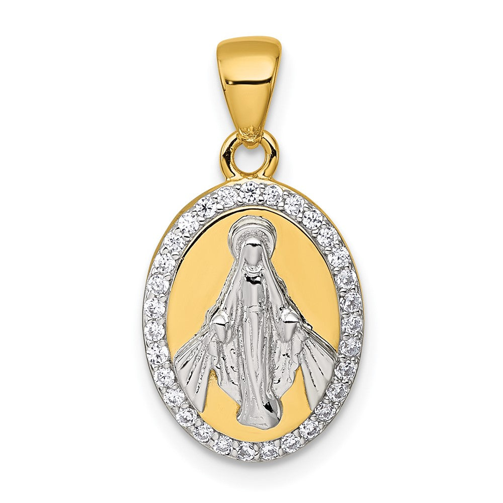 Sterling Silver Rhod-plated Gold-tone Polished CZ Miraculous Medal Pendant