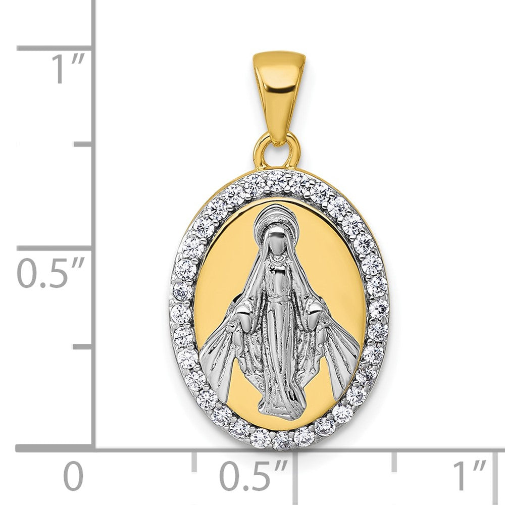 Sterling Silver Rhodium-plated Gold-tone CZ Miraculous Medal Pendant