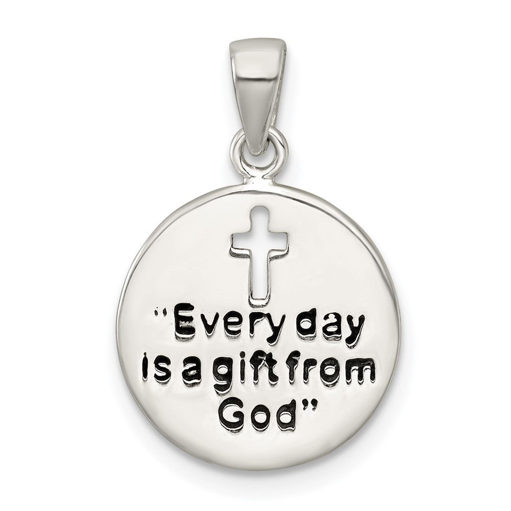 Sterling Silver Polished Enamel GIFT FROM GOD Cross Disc Pendant
