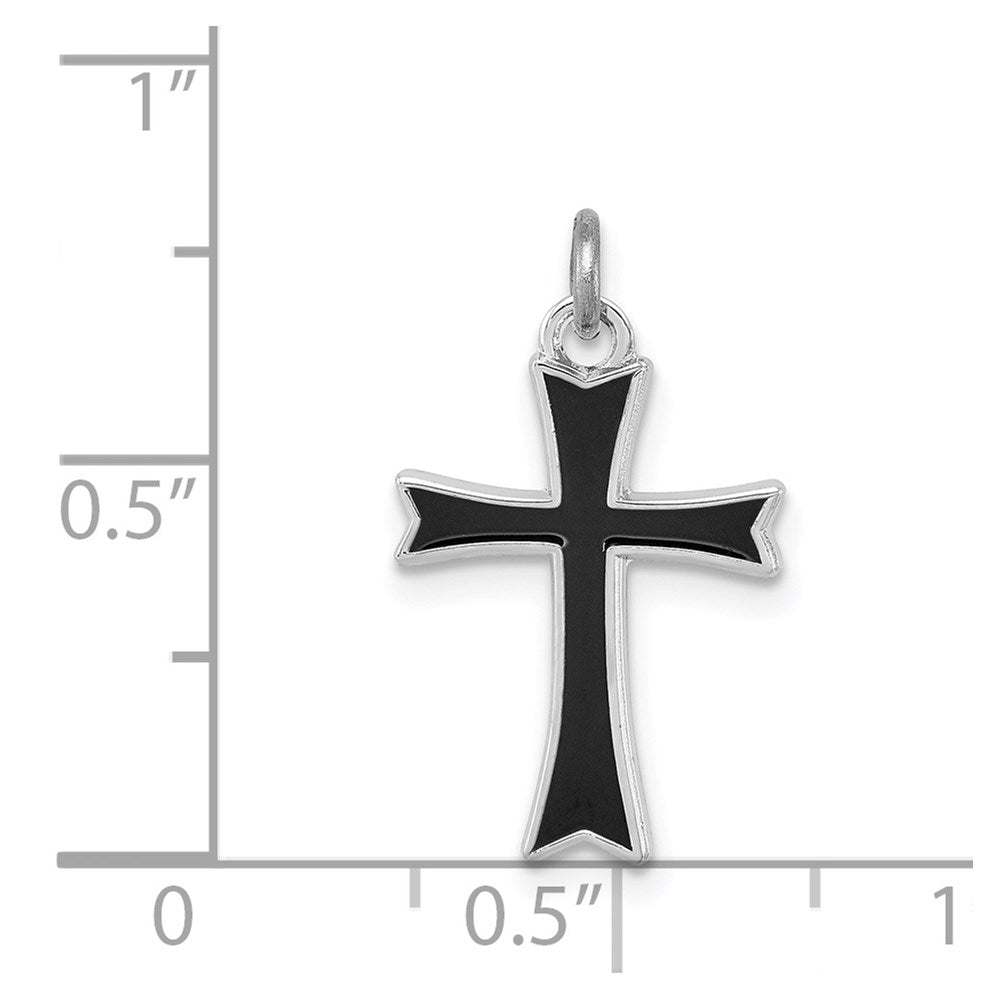 Sterling Silver Platinum-plated Black Enameled Cross Charm