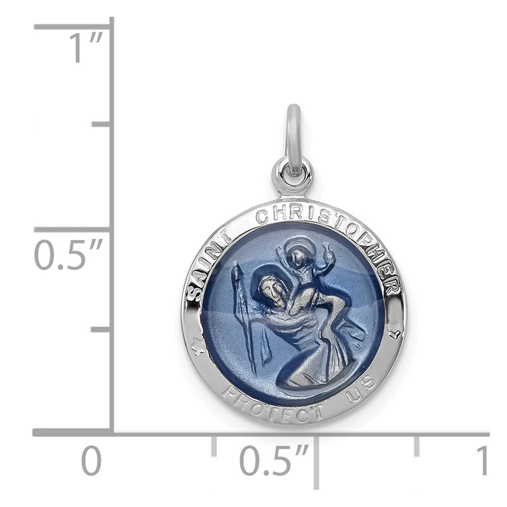 Sterling Silver Platinum-plated Blue Epoxy St. Christopher Medal