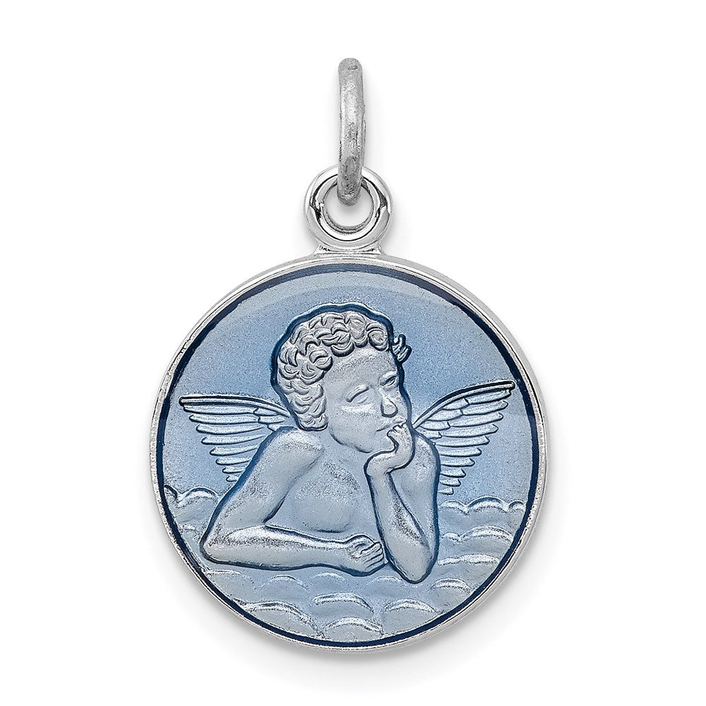 Sterling Silver Platinum-plated Blue Epoxy Angel Charm