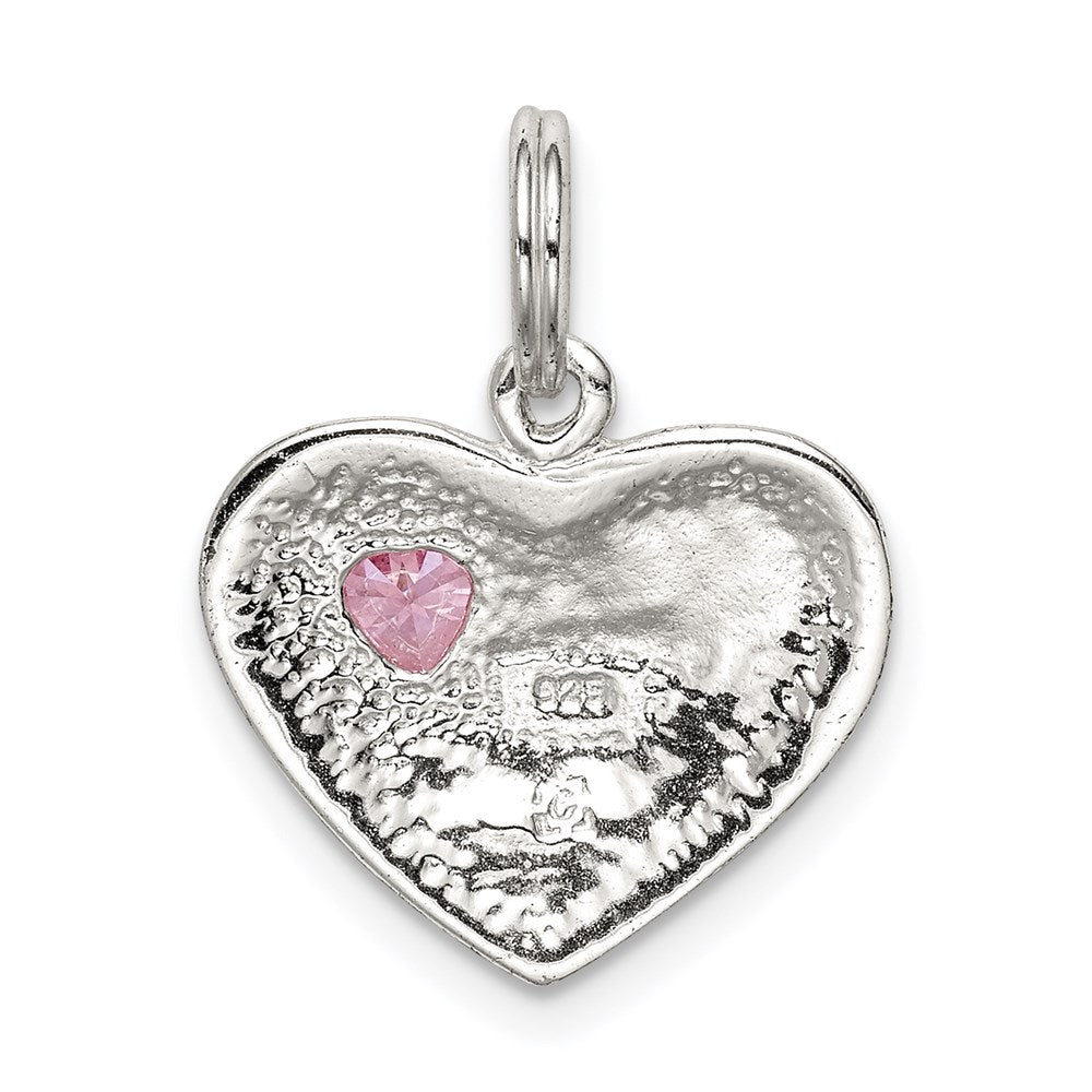 Sterling Silver Rhodium-plated Big Sis Pink CZ Heart Charm