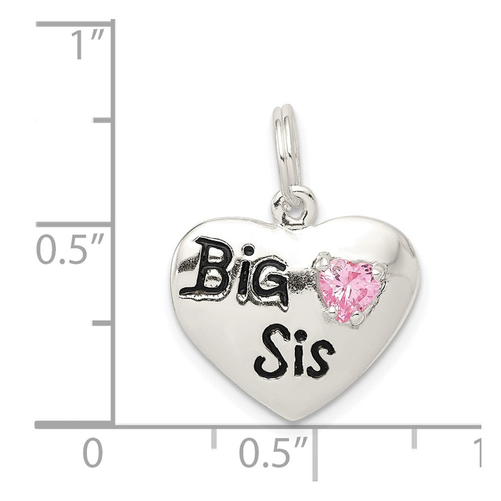 Sterling Silver Rhodium-plated Big Sis Pink CZ Heart Charm