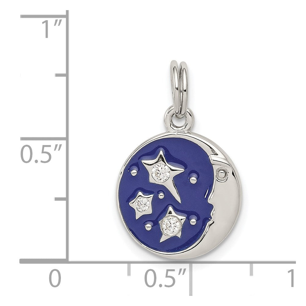 Sterling Silver Rhodium-plated Enameled and CZ Moon and Star Charm