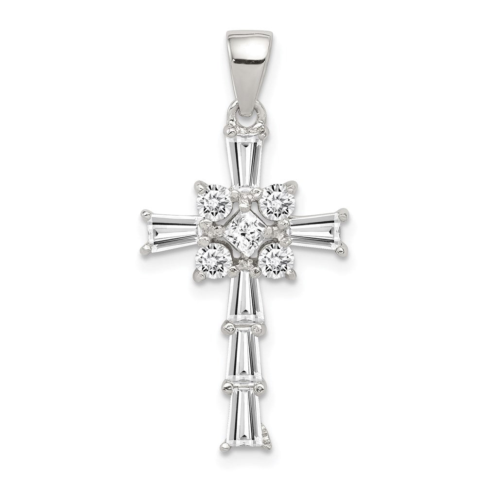 Sterling Silver Rhodium-plated CZ Latin Cross Pendant