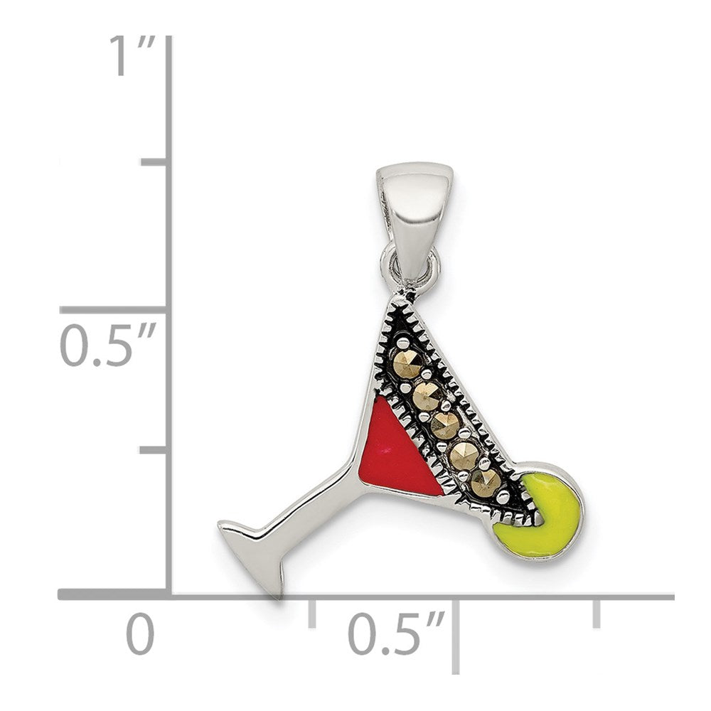 Sterling Silver RH & Hematite-plated Red Green Enameled Martini Pendant