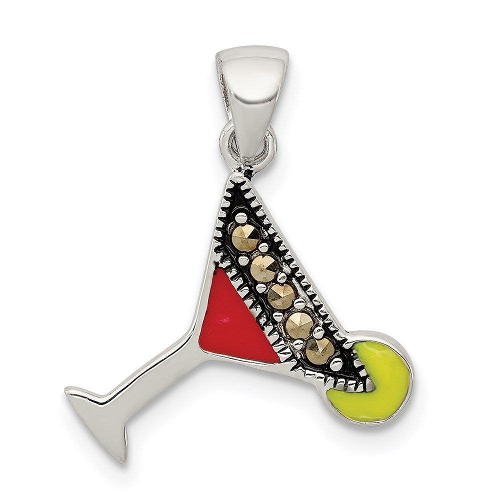 Sterling Silver RH & Hematite-plated Red Green Enameled Martini Pendant
