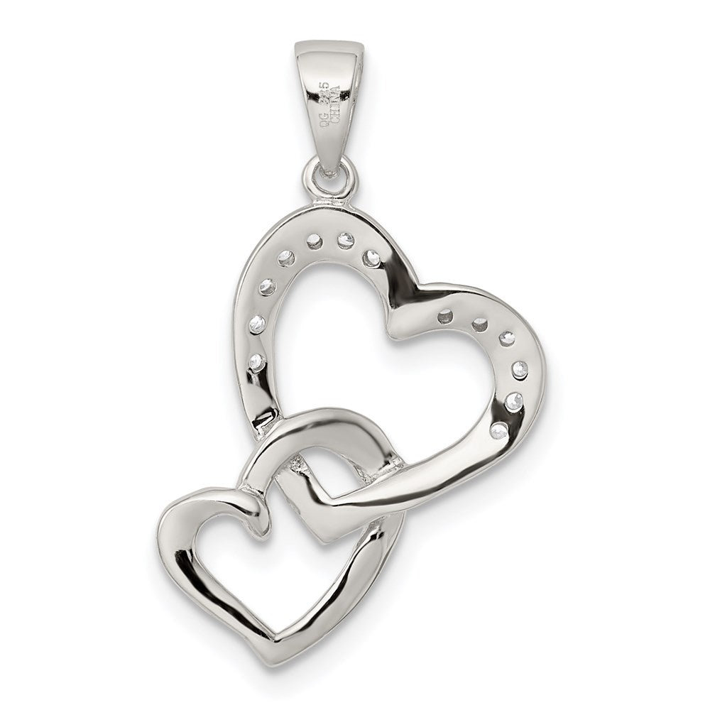 Sterling Silver Rhodium-plated Two Connected Hearts CZ Pendant