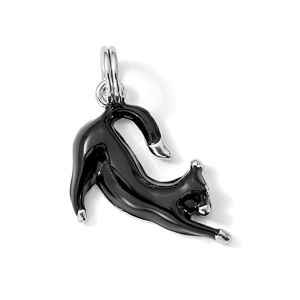 Sterling Silver Rhodium-platedBlack Enamel Cat Charm