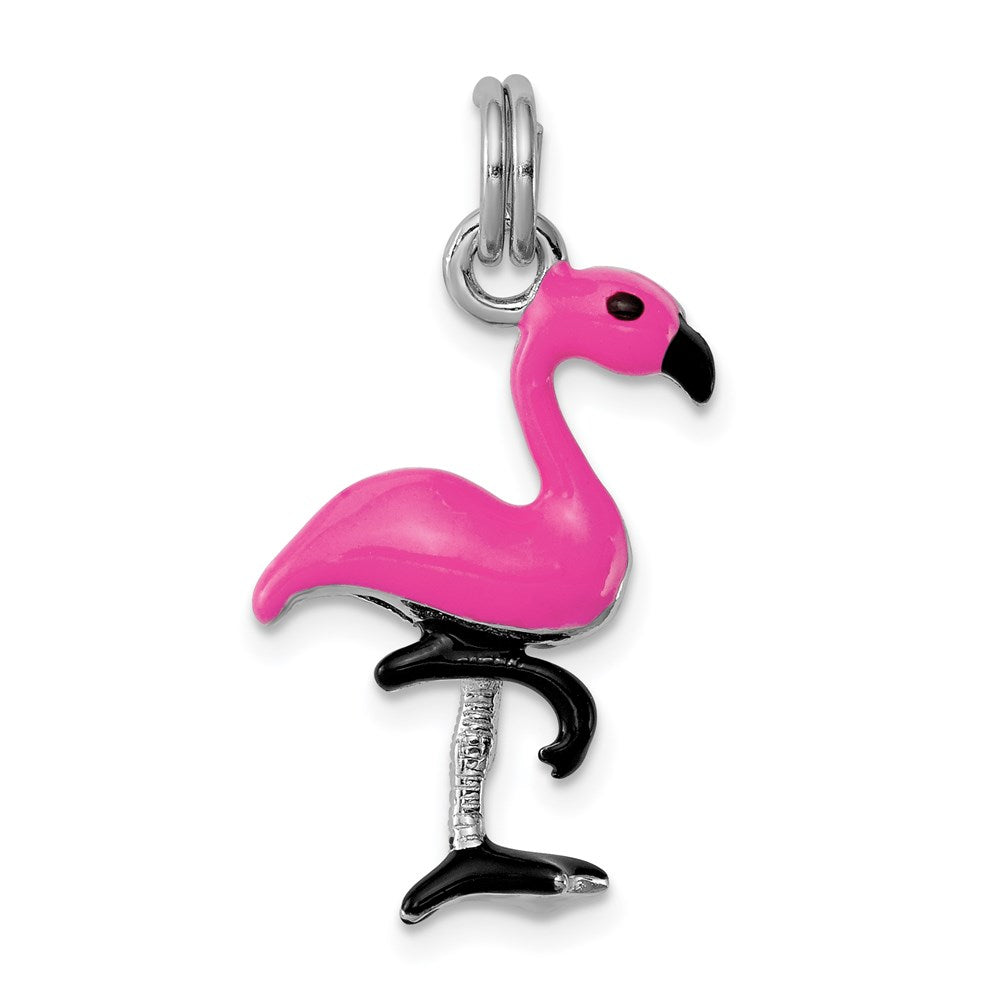 Sterling Silver RH-plated Hot Pink & Black Enameled Flamingo Charm