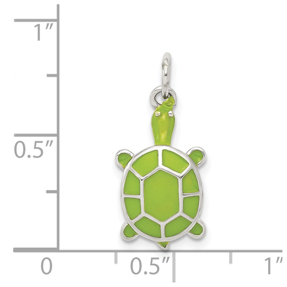Sterling Silver Rhodium-plated Green Enameled Turtle Pendant
