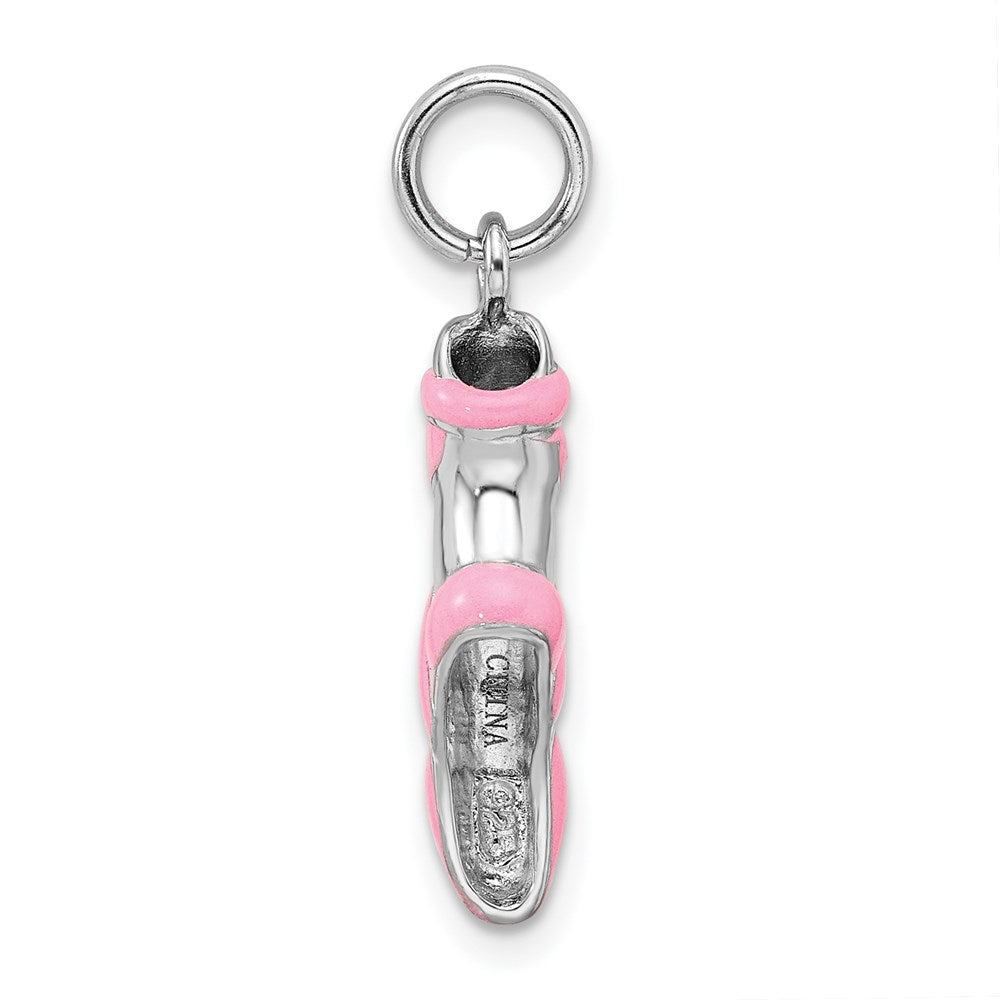 Sterling Silver Rhodium-plated Pink Enamel Ballet Slipper Charm