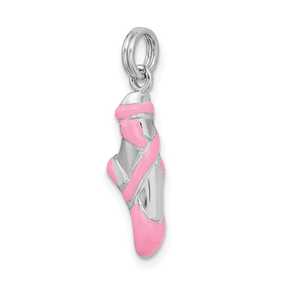 Sterling Silver Rhodium-plated Pink Enamel Ballet Slipper Charm