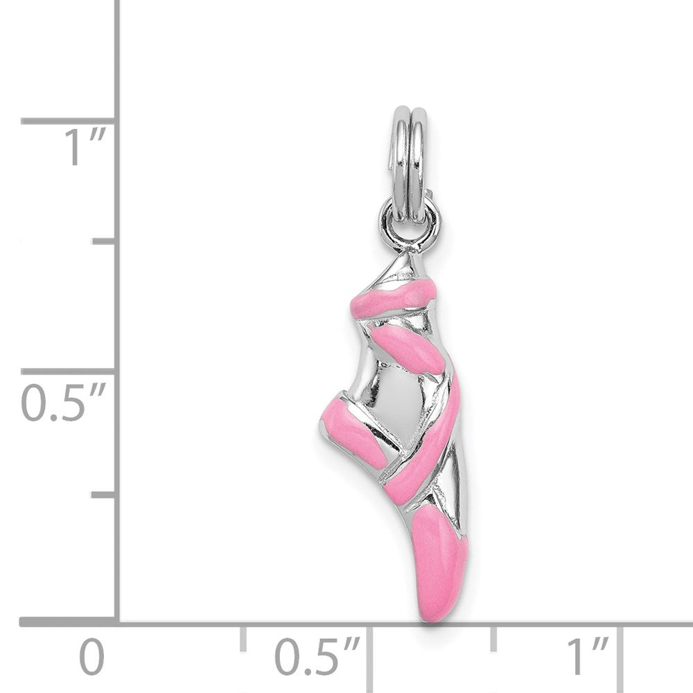 Sterling Silver Rhodium-plated Pink Enamel Ballet Slipper Charm