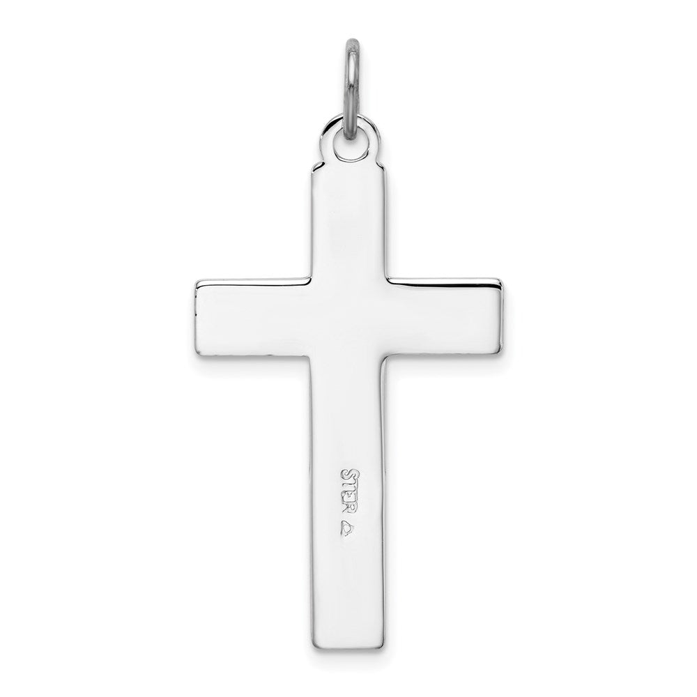 Sterling Silver Platinum-plated Brushed & Polished Enml Black Cross Pendant