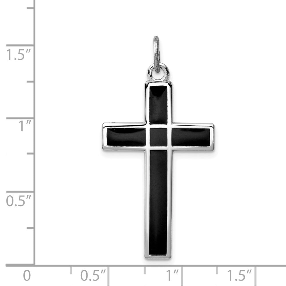 Sterling Silver Platinum-plated Brushed & Polished Enml Black Cross Pendant
