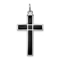 Sterling Silver Platinum-plated Brushed & Polished Enml Black Cross Pendant
