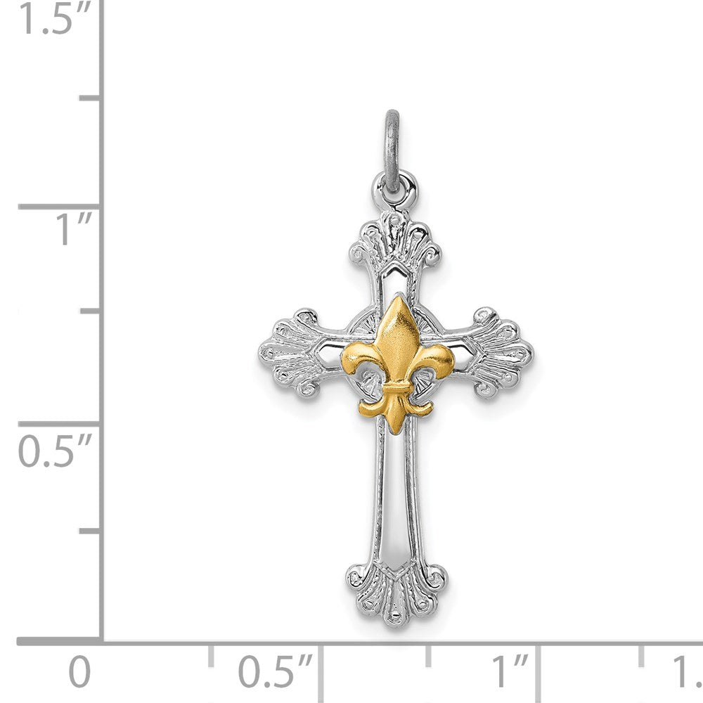 Sterling Silver Platinum-plated & Gold-plated Cross & Fleur de lis Pendant