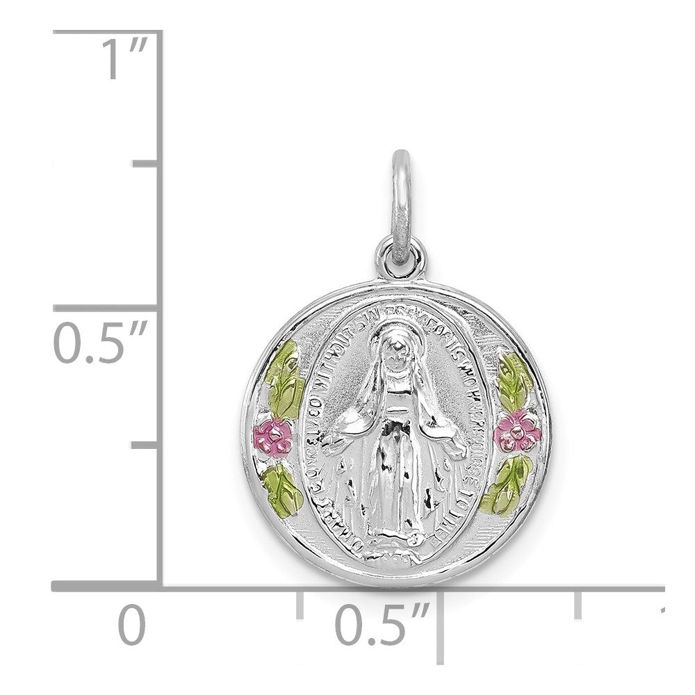 Sterling Silver Platinum-plated Polished Epoxy Miraculous Medal Pendant