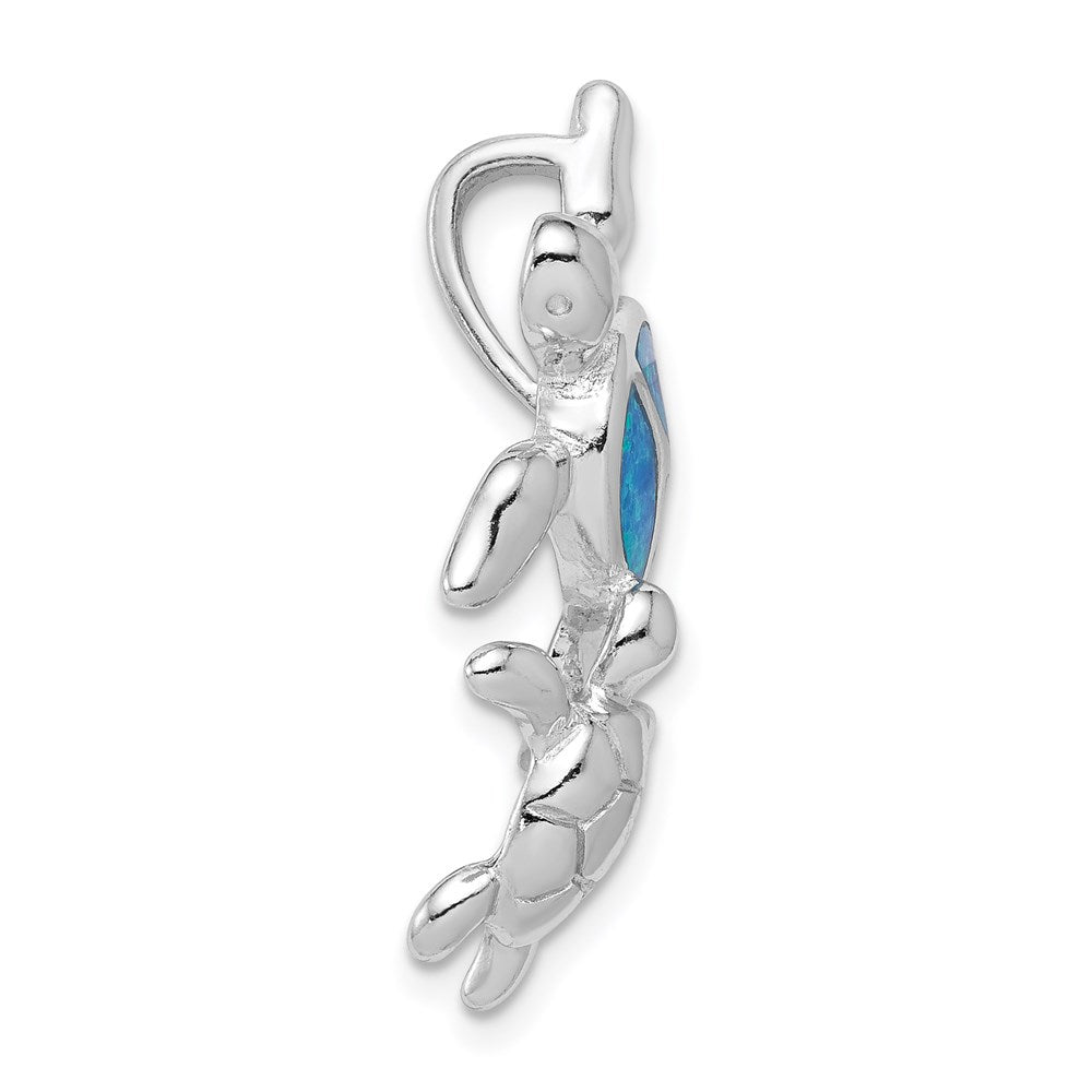 Sterling Silver Rhodium-plated Blue Inlay Created Opal Turtle Slide