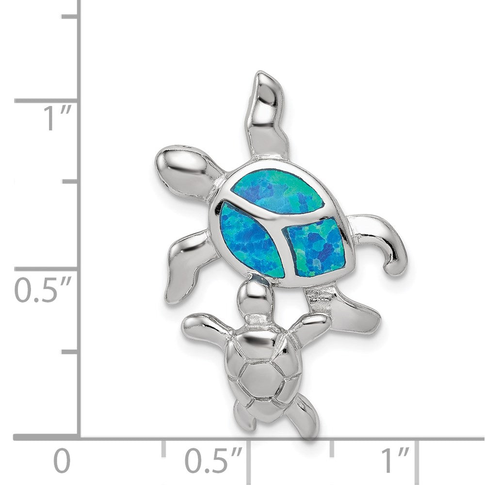 Sterling Silver Rhodium-plated Blue Inlay Created Opal Turtle Slide