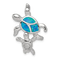 Sterling Silver Rhodium-plated Blue Inlay Created Opal Turtle Slide