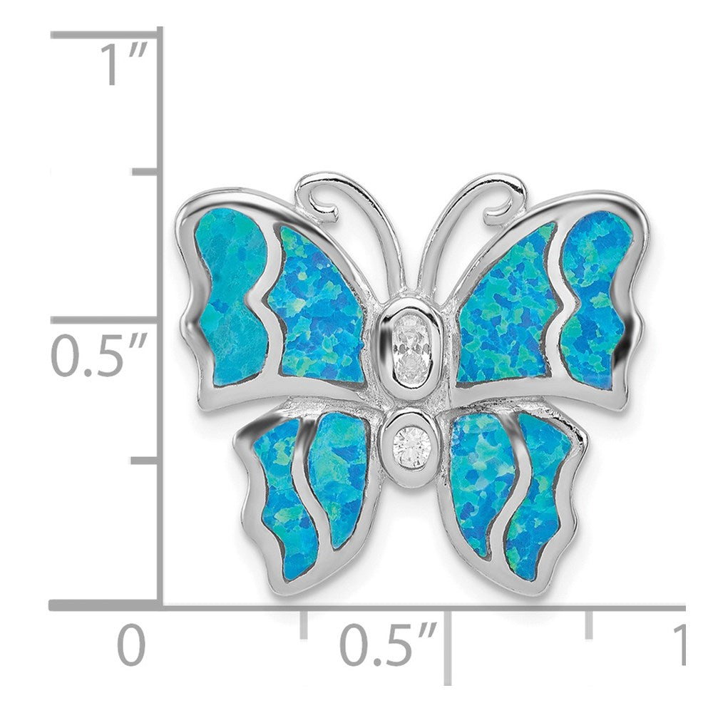 Sterling Silver Rhodium- plated Inlay Blue Created Opal Butterfly Pendant