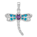 Sterling Silver Rhodium-plated Created Opal Dragonfly Amethyst Pendant