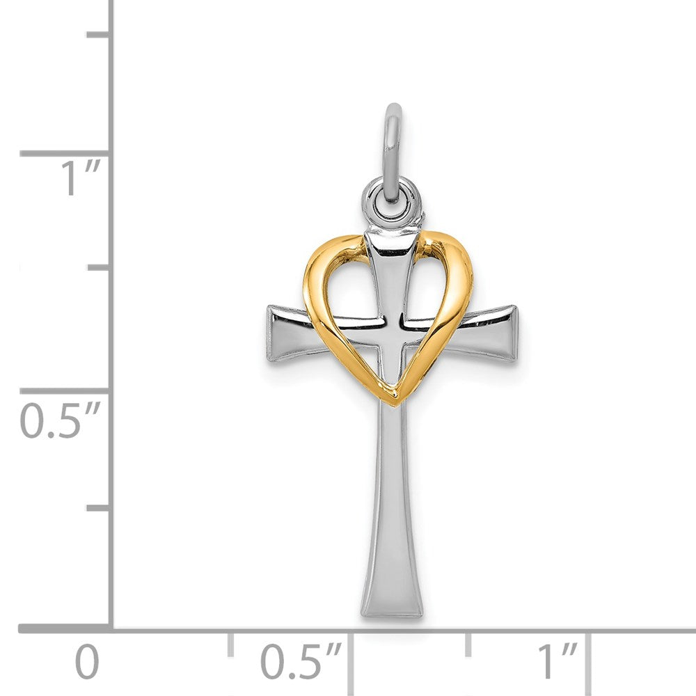 Sterling Silver Platinum-plated & Gold-tone Polished Cross w/Heart Pendant