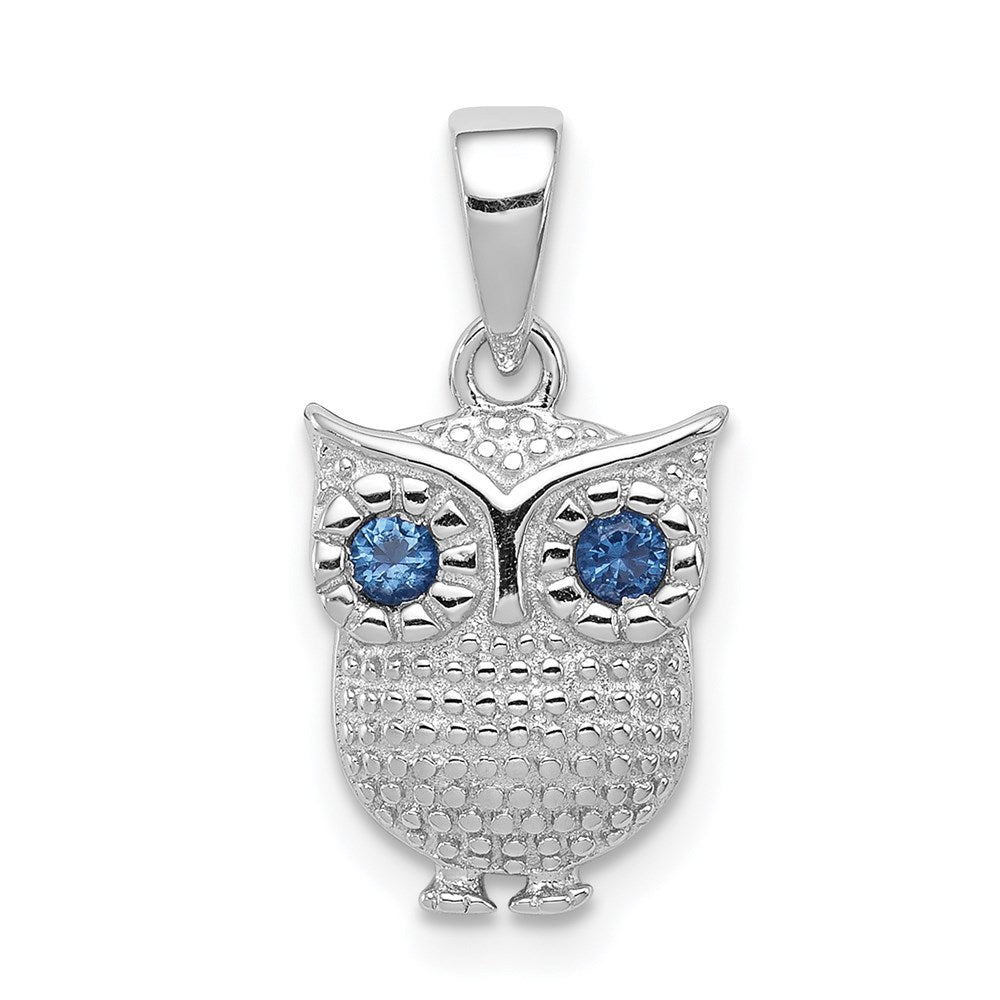 Sterling Silver Rhodium-plated w/Blue Glass Owl Pendant