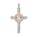 Sterling Silver Plat-plate Rose & Gold-tone Vibrant CZ Cross Pendant