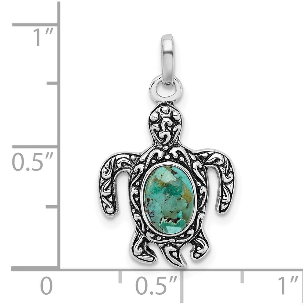 Sterling Silver Rh-plated Antiqued Reconstituted Turquoise Turtle Pendant