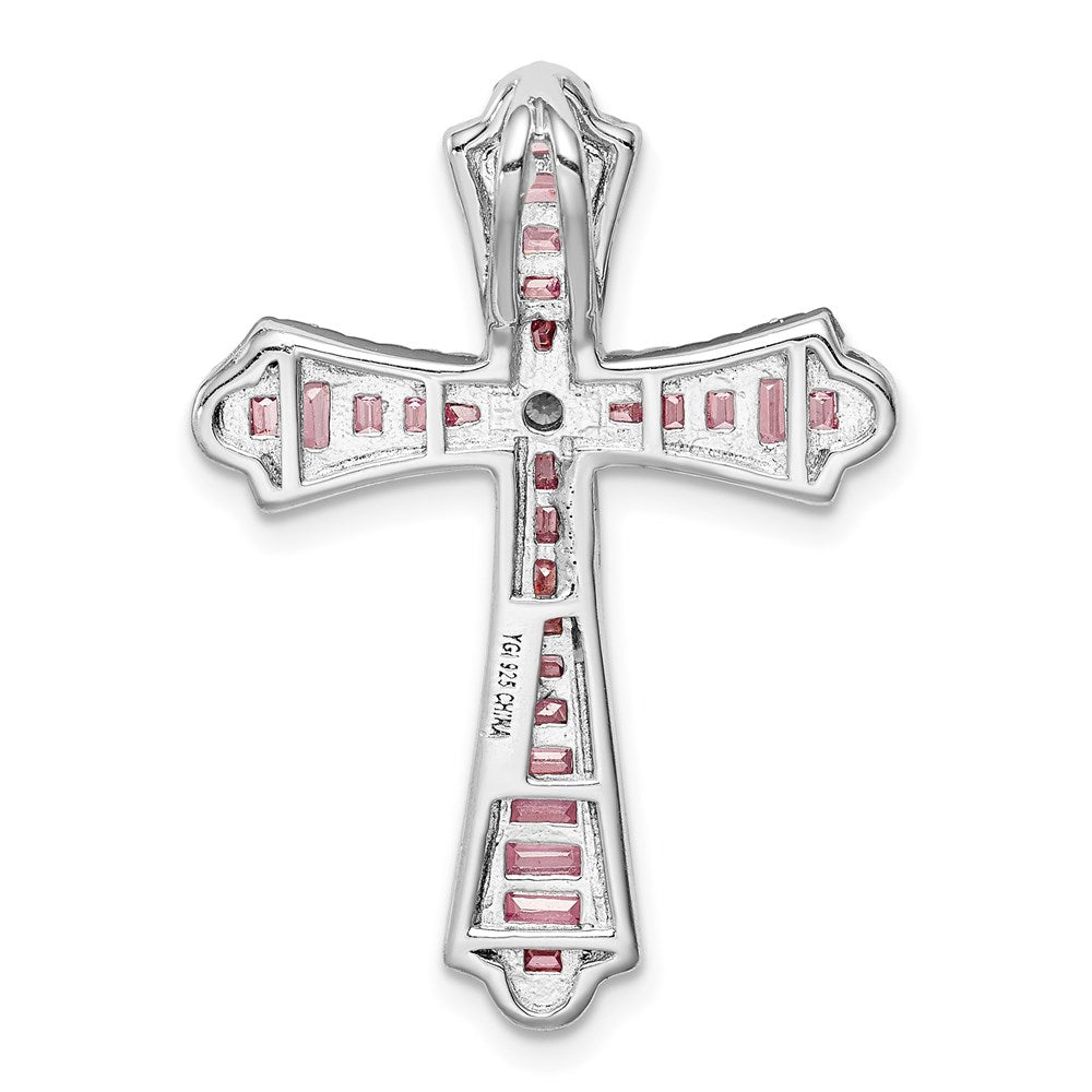 Sterling Silver Rhodium Plated Pink and White CZ Cross Slide Pendant