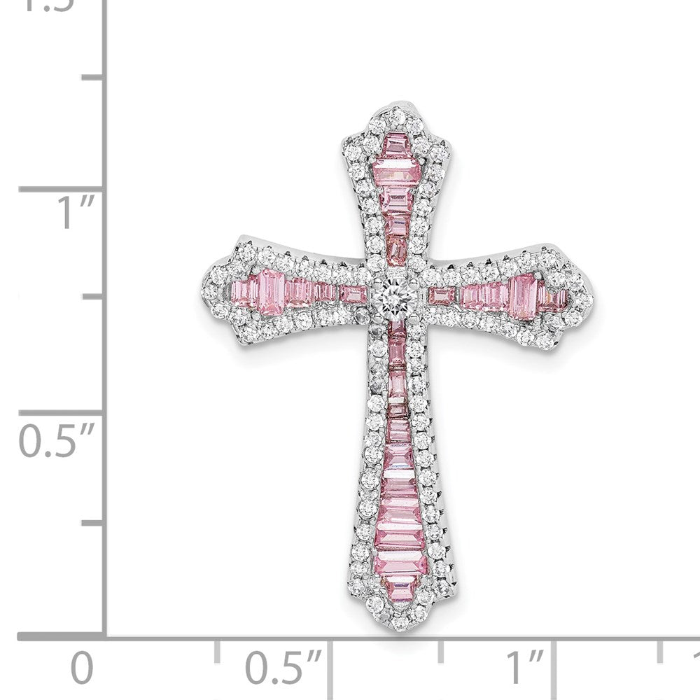 Sterling Silver Rhodium Plated Pink and White CZ Cross Slide Pendant