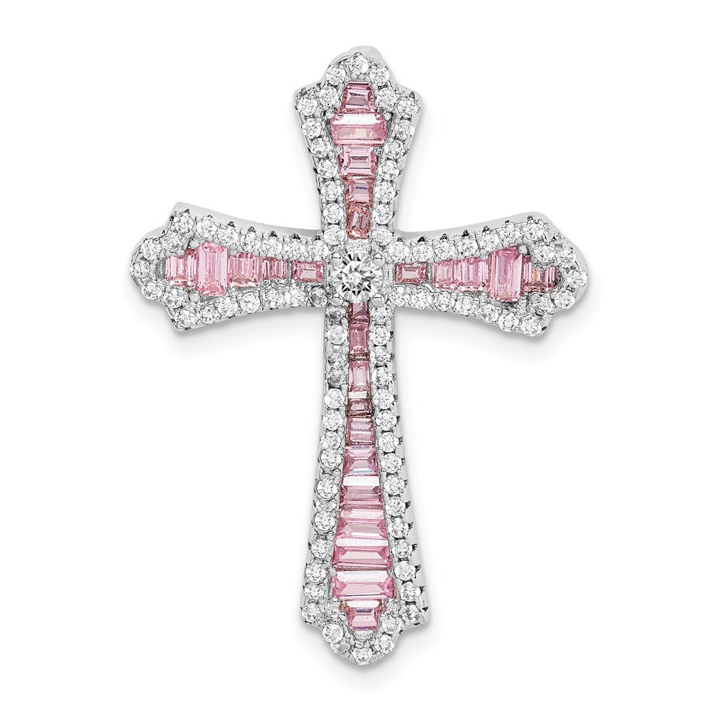 Sterling Silver Rhodium Plated Pink and White CZ Cross Slide Pendant