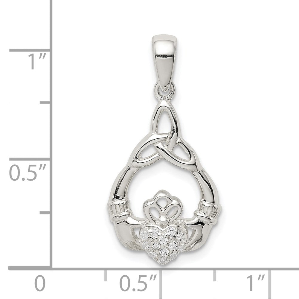 Sterling Silver Polished CZ Claddagh w/Trinity Knot Pendant