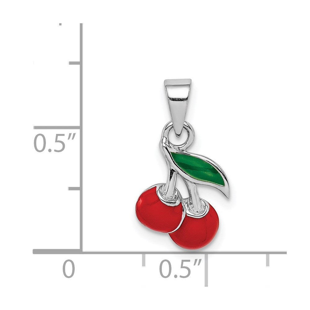 Sterling Silver RH-plated Red & Green Enameled Cherry Children's Pendant