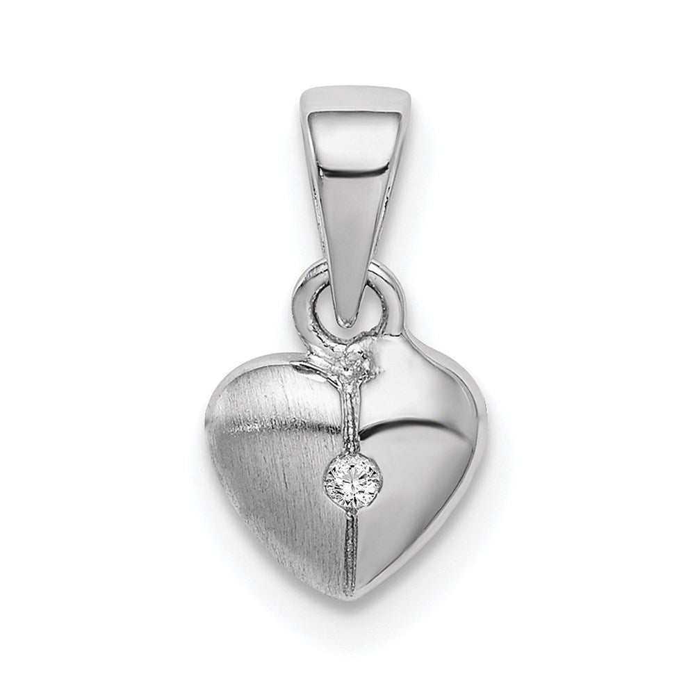 Sterling Silver Rhodium-plated Polished & Satin CZ Heart Pendant