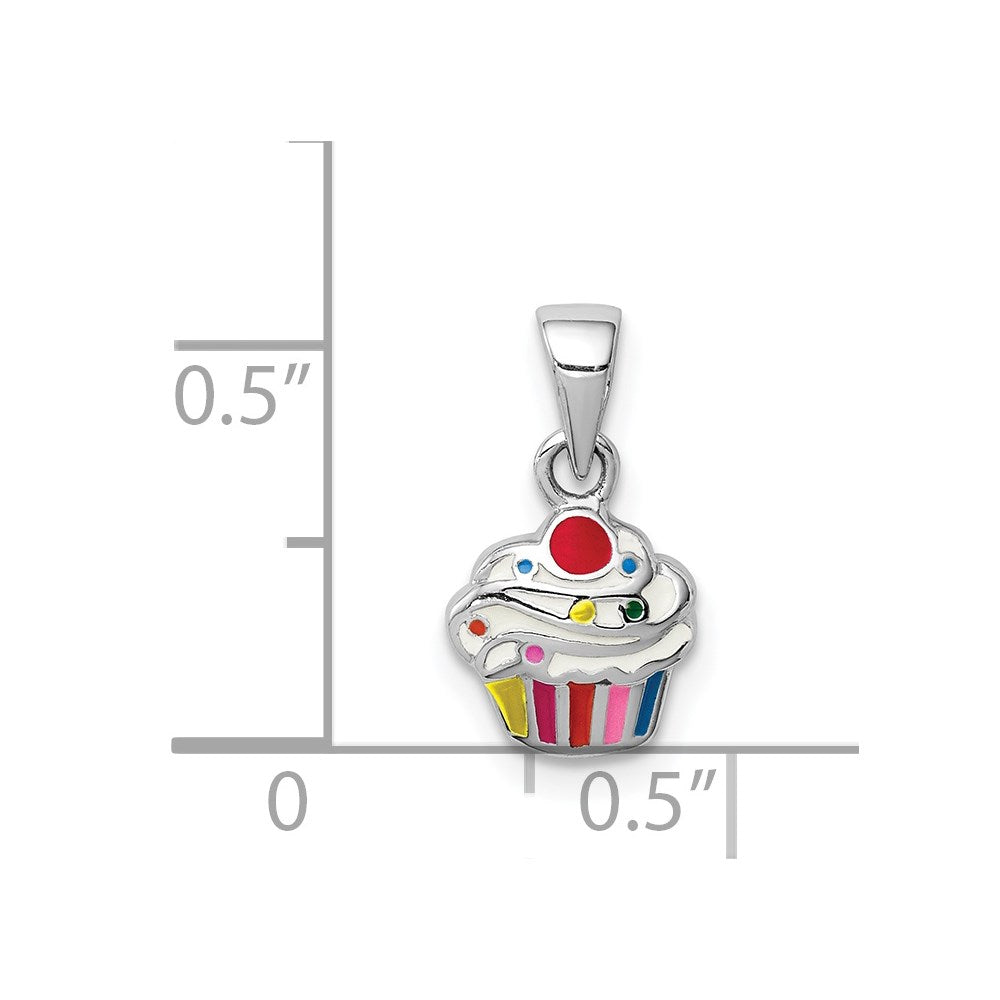 Sterling Silver RH-plated Multi-color Enameled Cupcake Children's Pendant