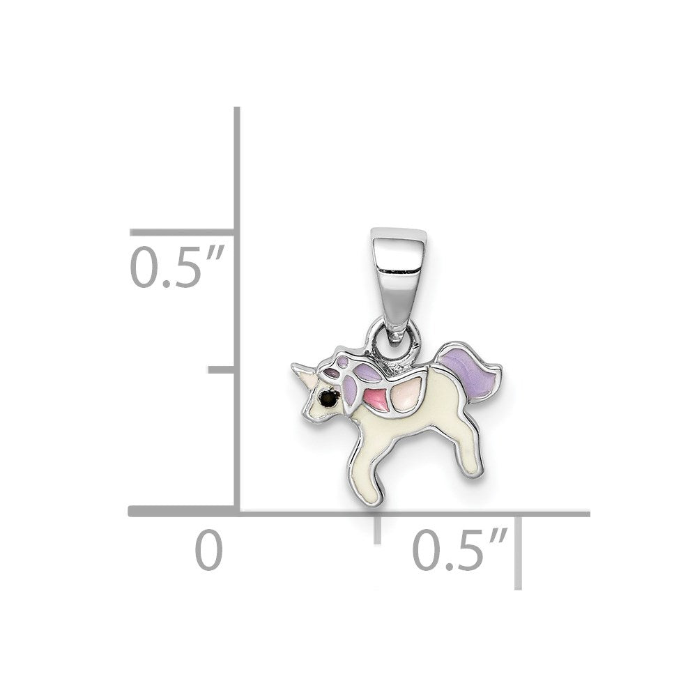 Sterling Silver RH-plated Multi-color Enameled Unicorn Pendant
