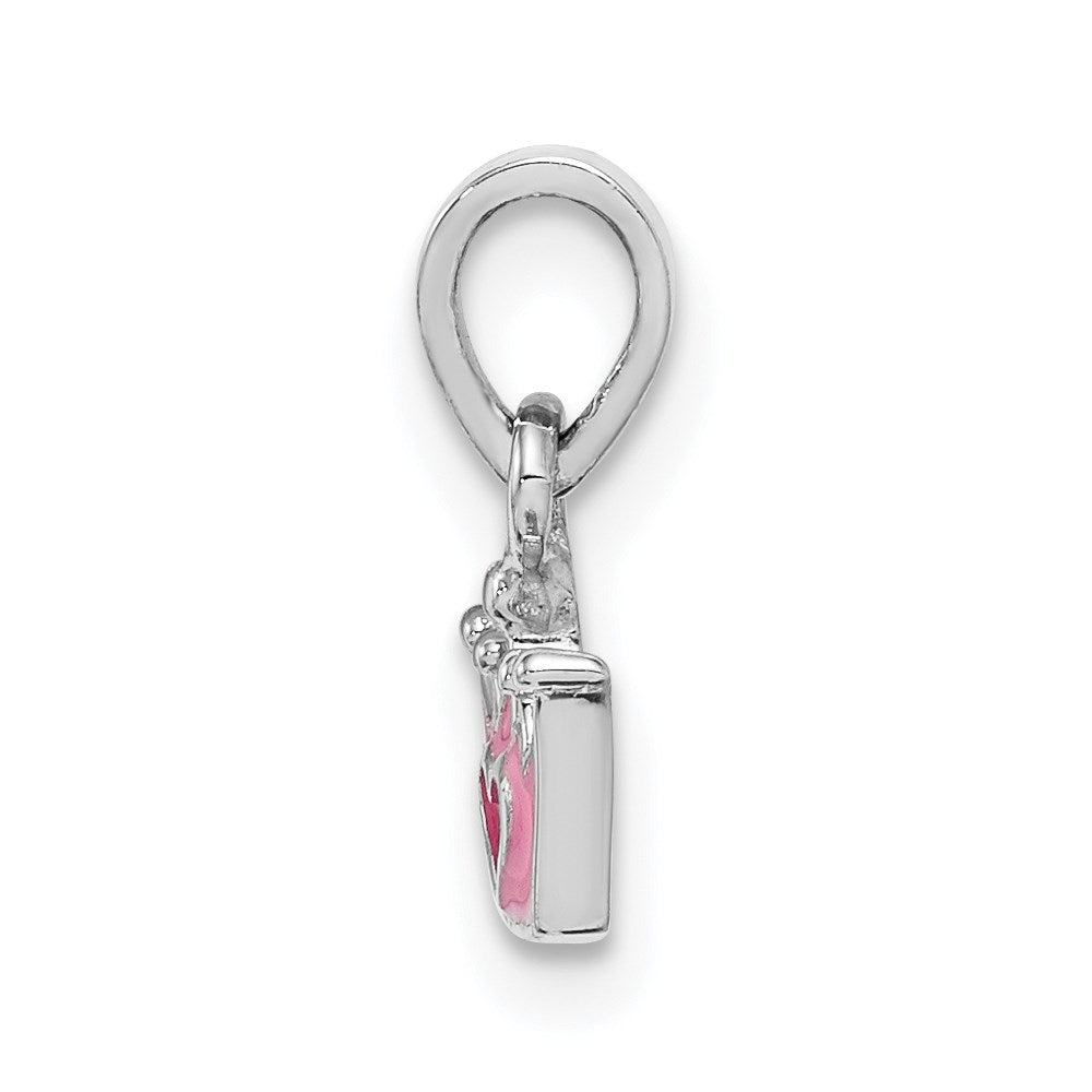 Sterling Silver Rhodium-plated Pink Enameled Heart Crown Petite Pendant