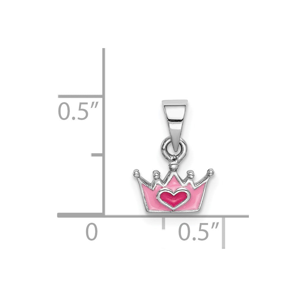 Sterling Silver Rhodium-plated Pink Enameled Heart Crown Petite Pendant