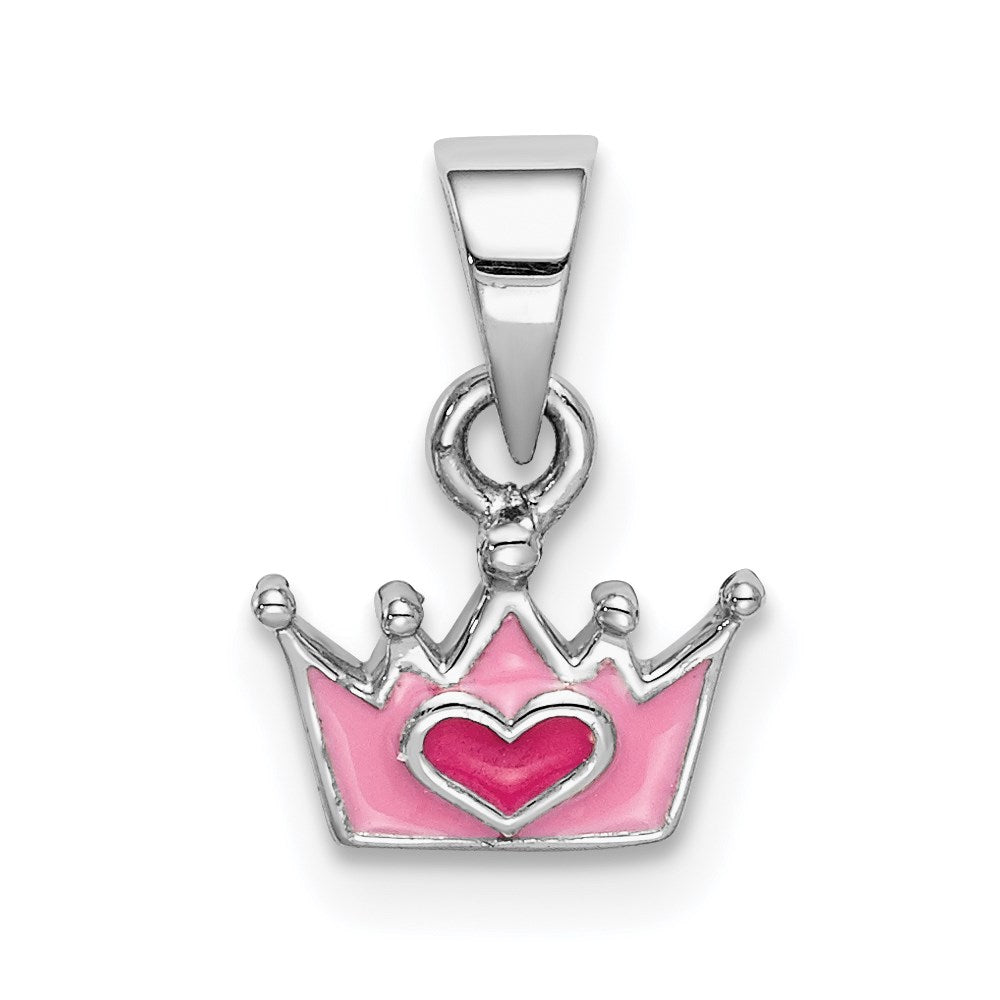 Sterling Silver Rhodium-plated Pink Enameled Heart Crown Petite Pendant